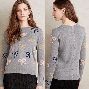 Anthropologie Trimmings Pullover Grey Crewneck Sweater with Bows & Back Buttons